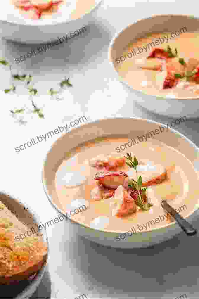 A Rich And Creamy Lobster Bisque, Garnished With A Sprig Of Fresh Dill New England Soups From The Sea: Recipes For Chowders Bisques Boils Stews And Classic Seafood Medleys